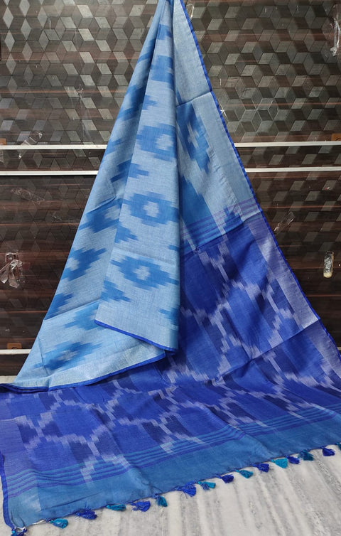 Pure Cotton Ikkat Saree - Blue Color Combination