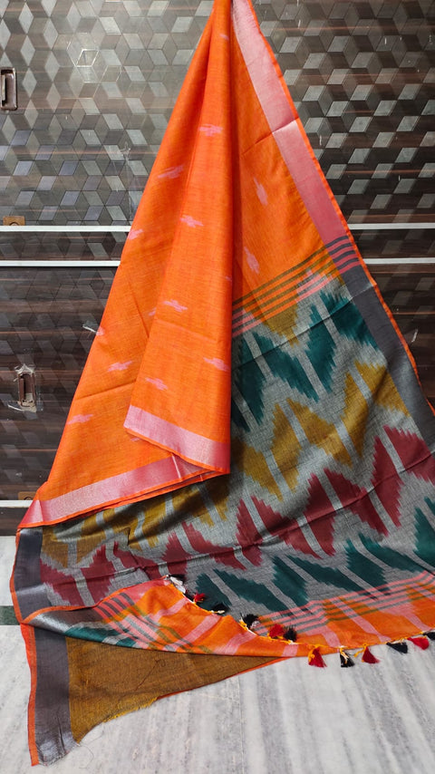 Pure Cotton Ikkat Saree - Orange Colour