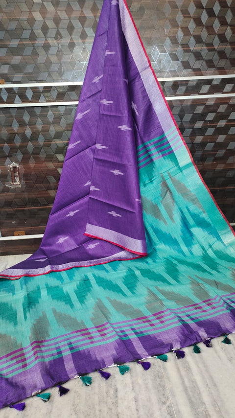 Pure Cotton Ikkat Saree - Purple & Green Color