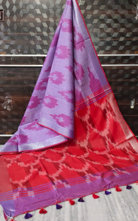 Pure Cotton Ikkat Saree - Purple & Red Color