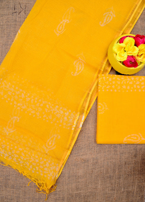 Pure Cotton Kota Doria Hand Batik Printed Suit - Yellow Color