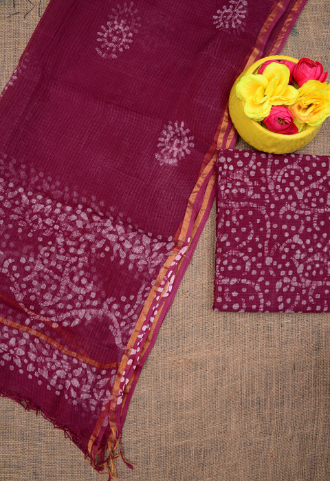 Pure Cotton Kota Doria Hand Batik Printed Suit - Maroon Color
