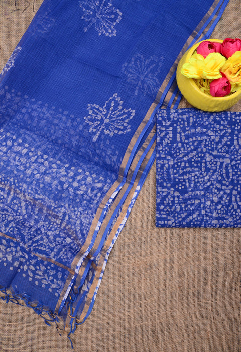 Pure Cotton Kota Doria Hand Batik Printed Suit - Royal Blue Color
