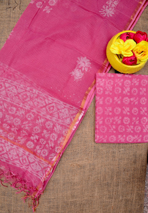 Pure Cotton Kota Doria Hand Batik Printed Suit - Pink Color