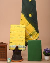 Tie Dye Cotton Slub Dress Material - Green & Yellow Color
