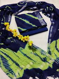 Tie Dye Cotton Slub Dress Material - Navy Blue & Green Color