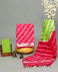 Tie Dye Cotton Slub Dress Material - Green and Red Color