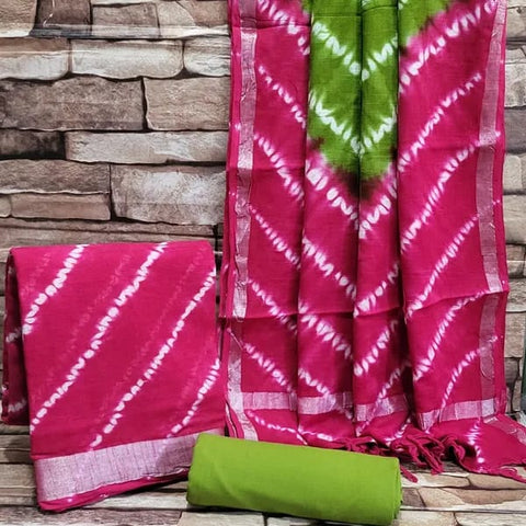 Tie Dye Cotton Slub Dress Material - Pink and Green Color