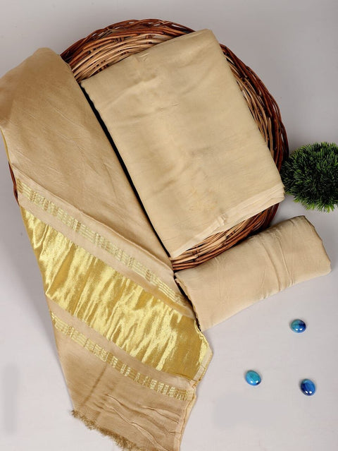 Katan Plain Silk Suit With Zari Pallu -  Cream Color