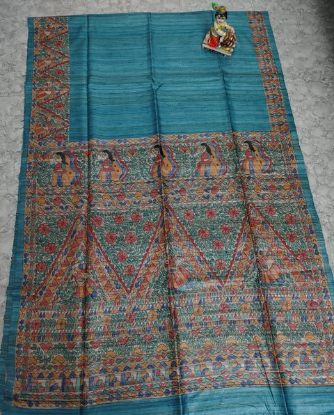 Hand Painted Madhubani Tussar Gicha Silk Saree - Sea Green Colour