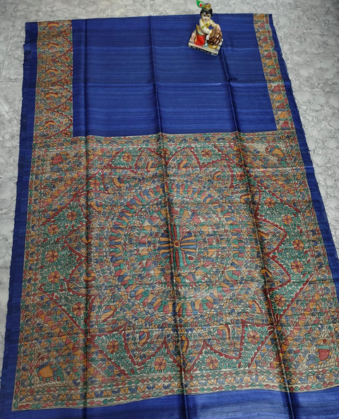 Hand Painted Madhubani Tussar Gicha Silk Saree - Blue Color
