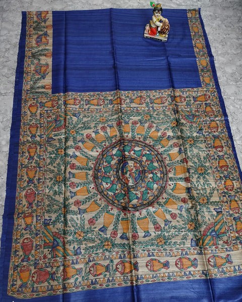 Hand Painted Madhubani Tussar Gicha Silk Saree - Blue Colour