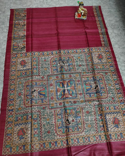 Hand Painted Madhubani Tussar Gicha Silk Saree - Red Colour
