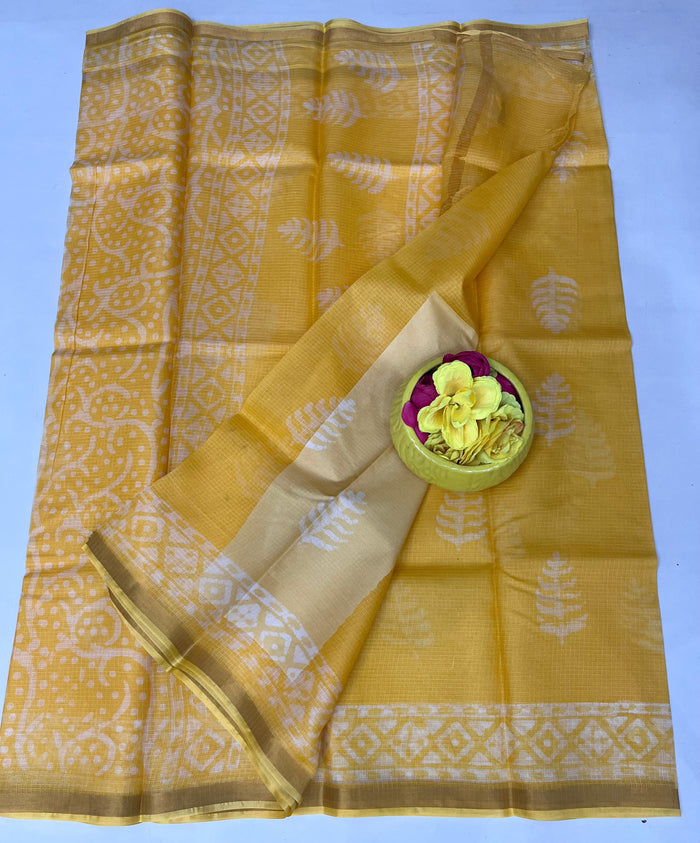 Authentic Pure Silk Kota Doria Saree - Hand Batik Print - Mustard Yellow Color