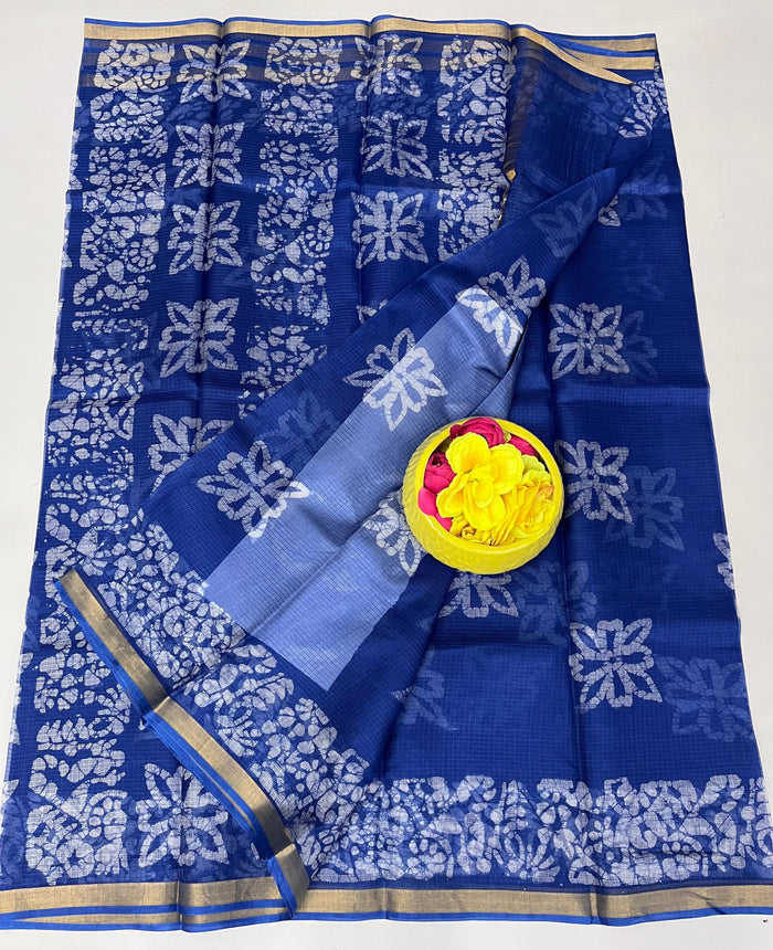 Authentic Pure Silk Kota Doria Saree - Hand Batik Print- Blue Color