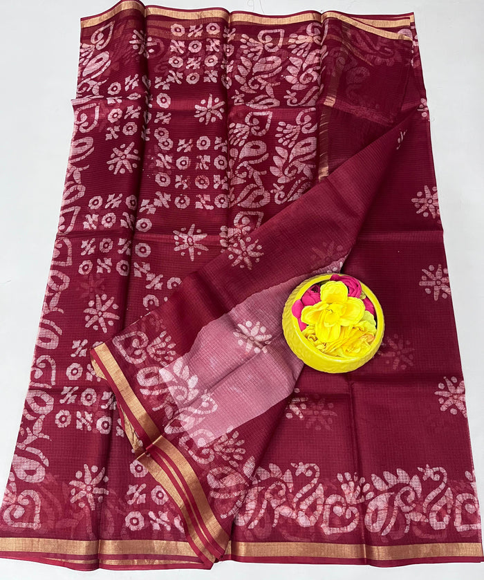 Authentic Pure Silk Kota Doria Saree - Hand Batik Print - Maroon Color