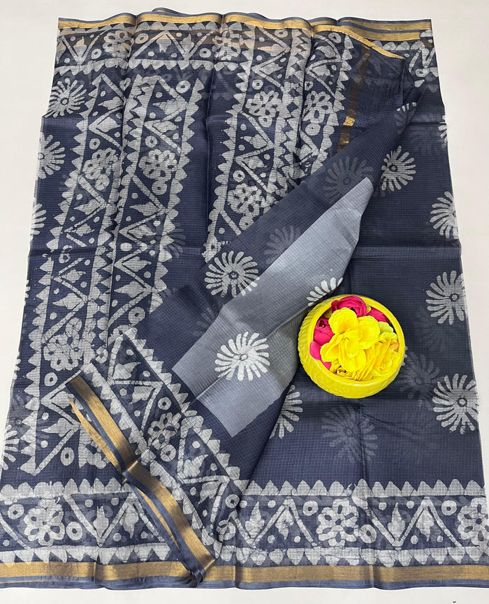 Authentic Pure Silk Kota Doria Saree - Hand Batik Print - Grey Color