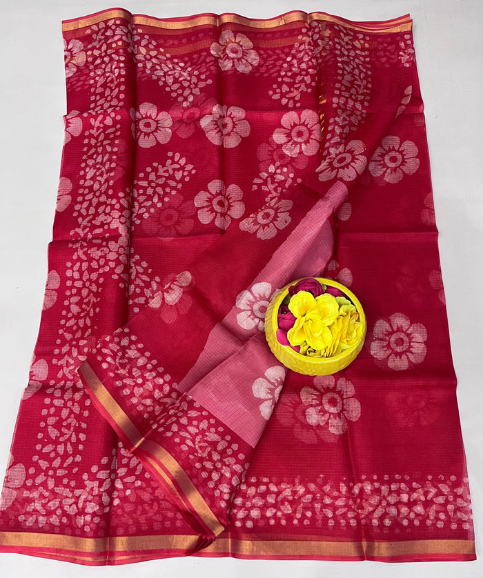 Authentic Pure Silk Kota Doria Saree - Hand Batik Print - Red Color