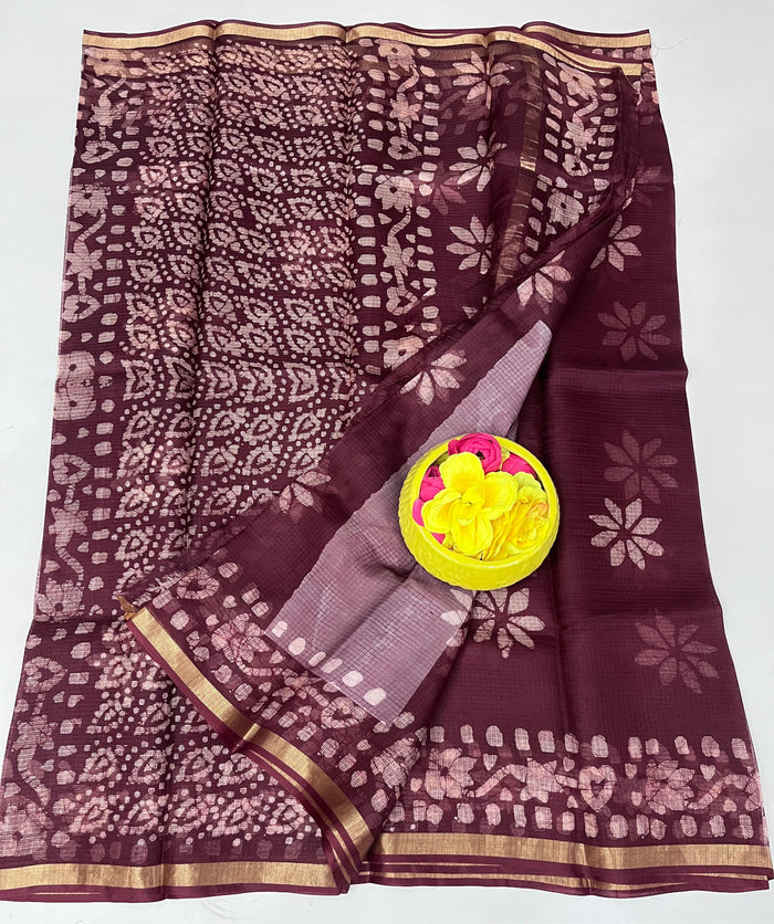 Authentic Pure Silk Kota Doria Saree - Hand Batik Print - Wine Color