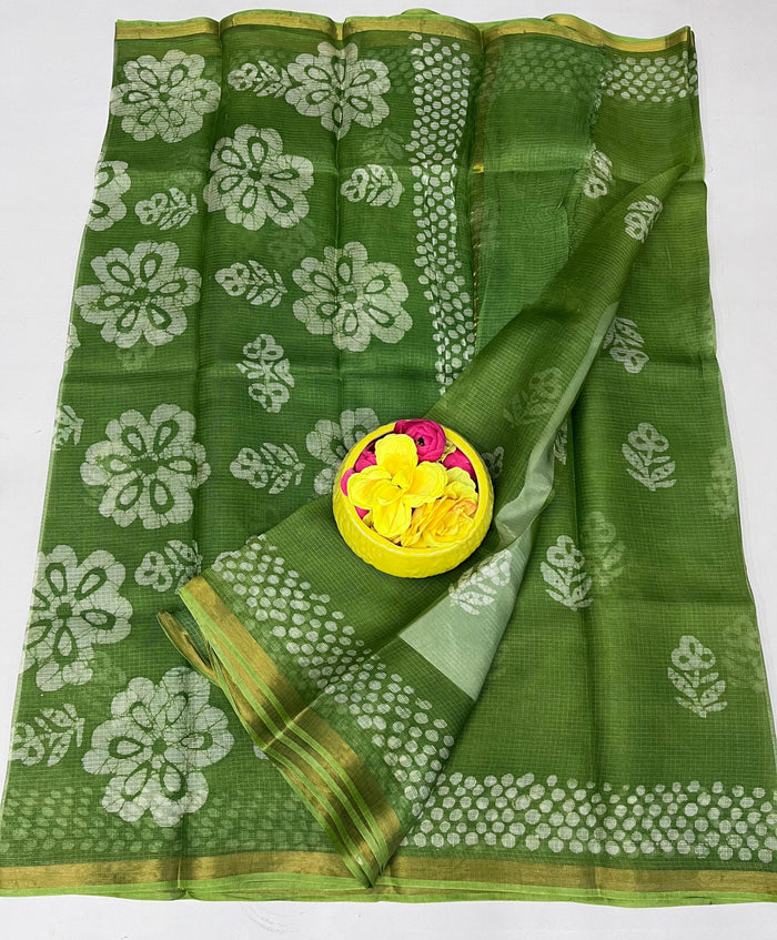 Authentic Pure Silk Kota Doria Saree - Hand Batik Print - Green Color