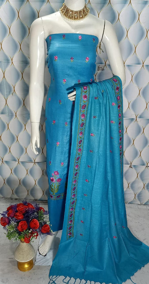Cotton Linen Embroidered Dress Material - Blue Color