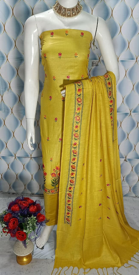Cotton Linen Embroidered Dress Material - Yellow Color
