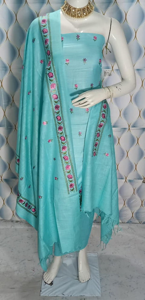 Cotton Linen Embroidered Dress Material - Sky Blue Color