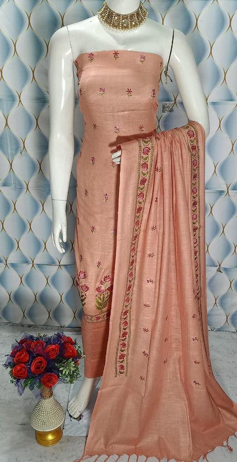 Cotton Linen Embroidered Dress Material - Peach Color