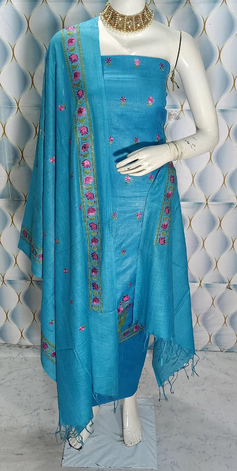 Cotton Linen Embroidered Dress Material - Blue Colour