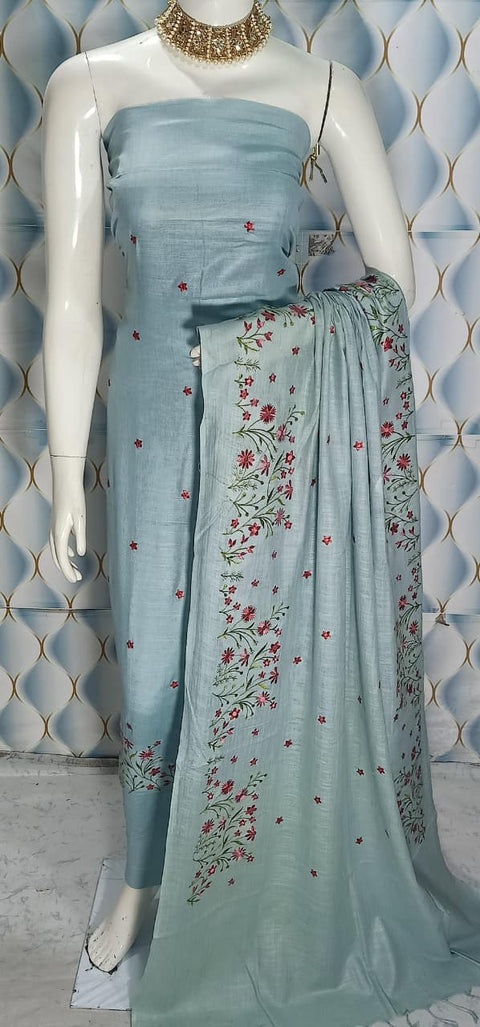 Cotton Linen Embroidered Dress Material - Bluish Grey Colour (Design No. 1)