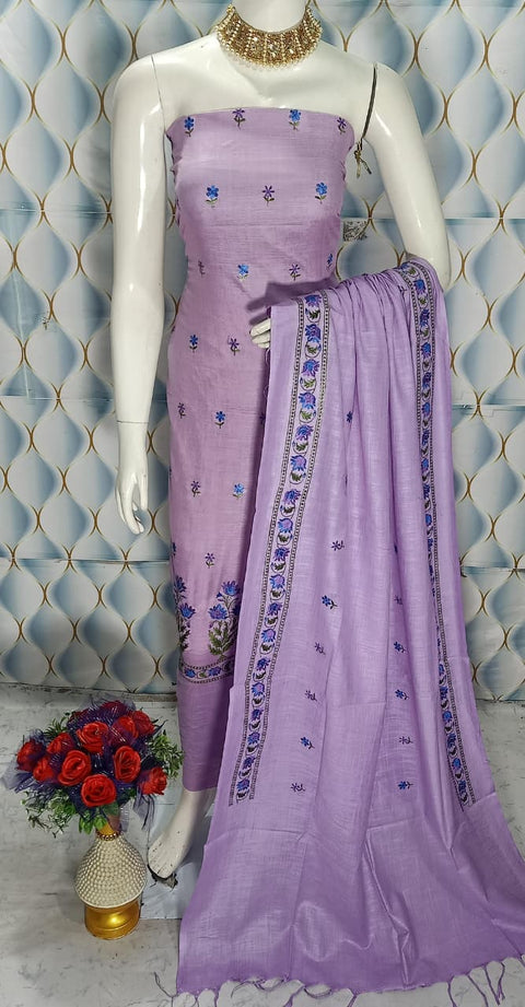 Cotton Linen Embroidered Dress Material - Lavender Colour
