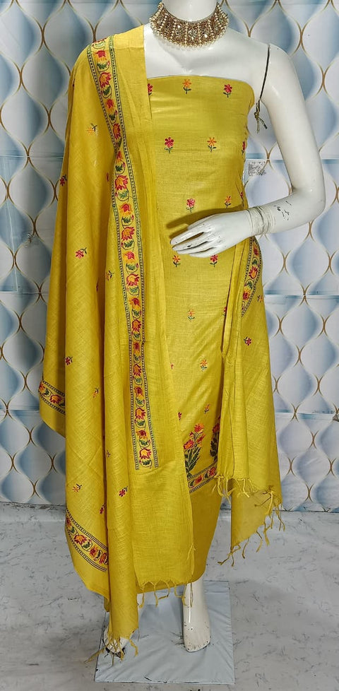 Cotton Linen Embroidered Dress Material - Yellow Colour