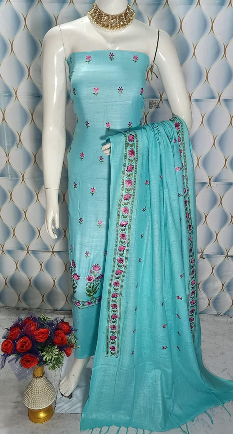 Cotton Linen Embroidered Dress Material - Sky Blue Colour