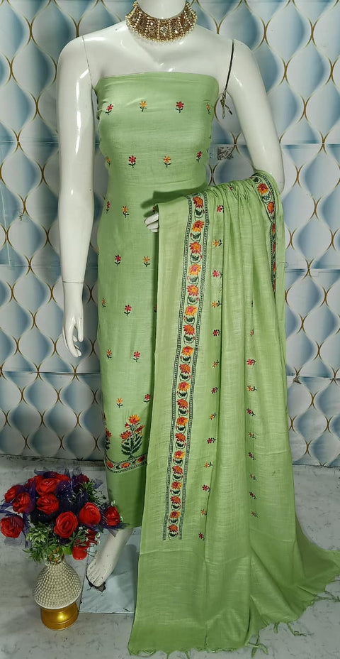 Cotton Linen Embroidered Dress Material - Green Colour
