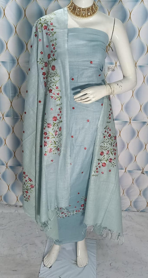 Cotton Linen Embroidered Dress Material - Bluish Grey Colour (Design No. 2)