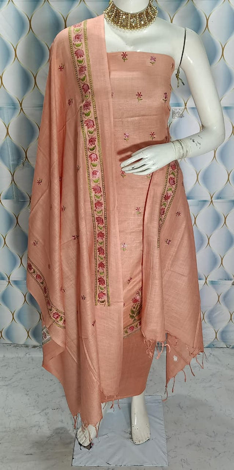 Cotton Linen Embroidered Dress Material - Peach Colour