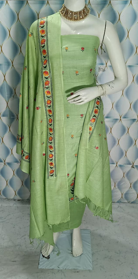 Cotton Linen Embroidered Dress Material - Pista Green Colour