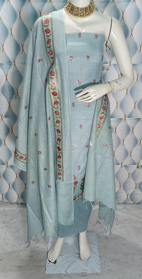 Cotton Linen Embroidered Dress Material - Bluish Grey Colour (Design No. 3)