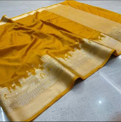 Exquisite Banarasi Semi Katan Dupion Silk Saree - Mustard yellow Color