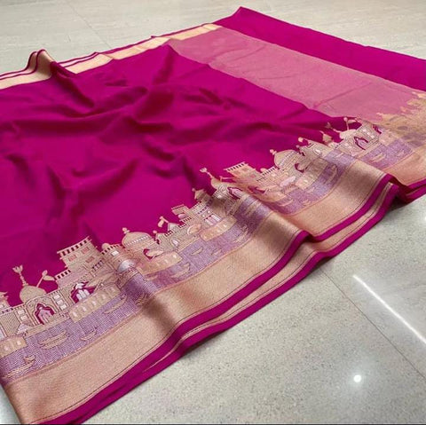 Exquisite Banarasi Semi Katan Dupion Silk Saree - Rani Pink Color