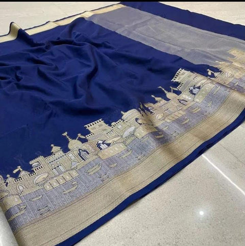 Exquisite Banarasi Semi Katan Dupion Silk Saree - Navy Blue Color