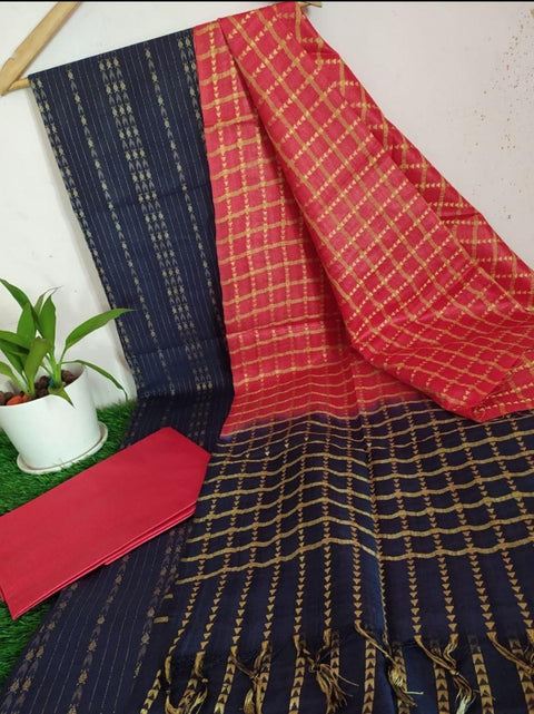 Katan Silk Woven Suit - Navy Blue & Red Color
