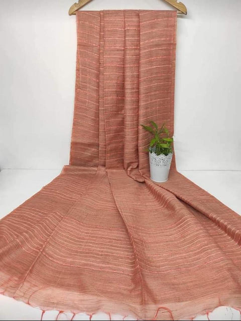 Handwoven Cotton Baswada Silk Saree With Flag Strip Lines - Light Brown Color