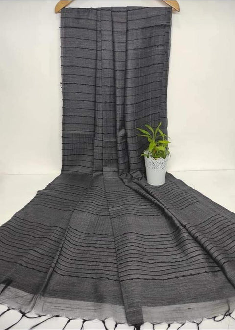 Handwoven Cotton Baswada Silk Saree With Flag Strip Lines - Grey Color