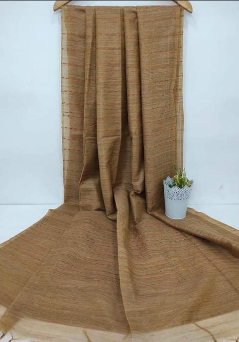 Handwoven Cotton Baswada Silk Saree With Flag Strip Lines - Brown Color