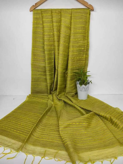 Handwoven Cotton Baswada Silk Saree With Flag Strip Lines - Olive Color