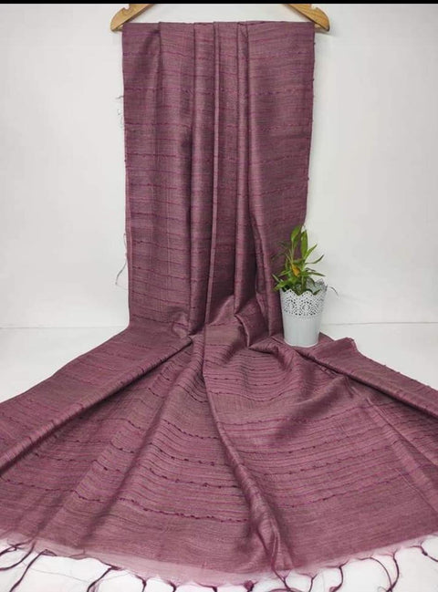 Handwoven Cotton Baswada Silk Saree With Flag Strip Lines - Wine Color