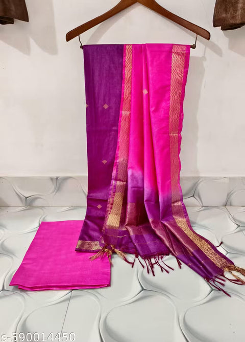 Katan Silk Suit With Zari Buta Weaving Design -  Purple & Pink Color