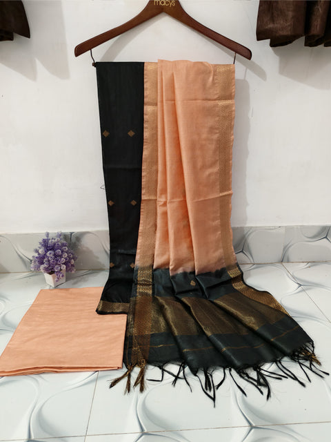 Katan Silk Suit With Zari Buta Weaving Design -  Black & Cream Color