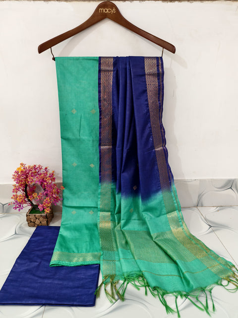 Katan Silk Suit With Zari Buta Weaving Design -  Sea Green & Blue Color